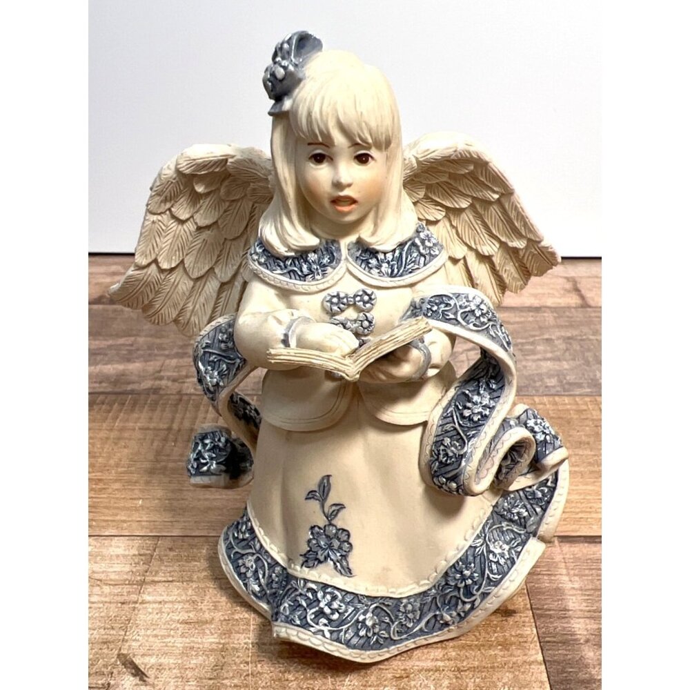 Sarahs Angels Figurine Reading Angel Vintage Porcelain 4.5 inches Ivory & Blue